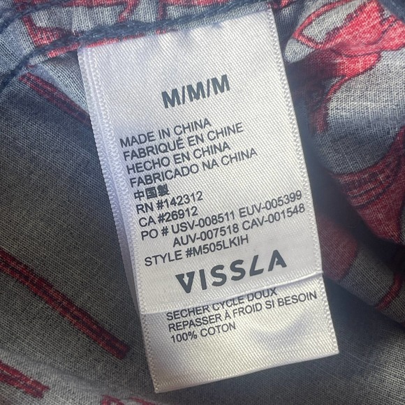 Vissla Shirt Mens Medium Blue Red Button Up Fish Print Short Sleeve Surf - Picture 8 of 14